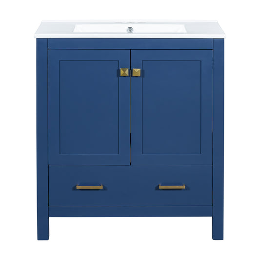 Transitional Blue Bathroom Vanity with Single Ceramic Sink and Solid Wood Frame, 30 Inches
