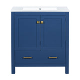 Transitional Blue Bathroom Vanity with Single Ceramic Sink and Solid Wood Frame, 30 Inches