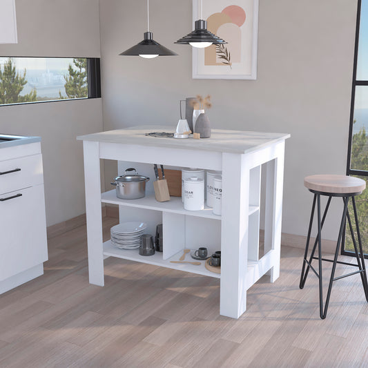 Kitchen Island Dozza, Three Shelves, White / Ibiza Marble Color Finish