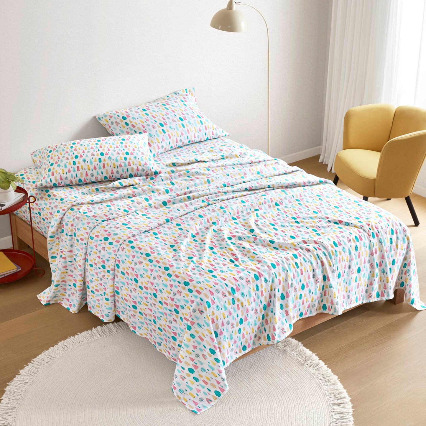 4-Piece Full Cotton Printed Sheet Set,White Holiday Trees