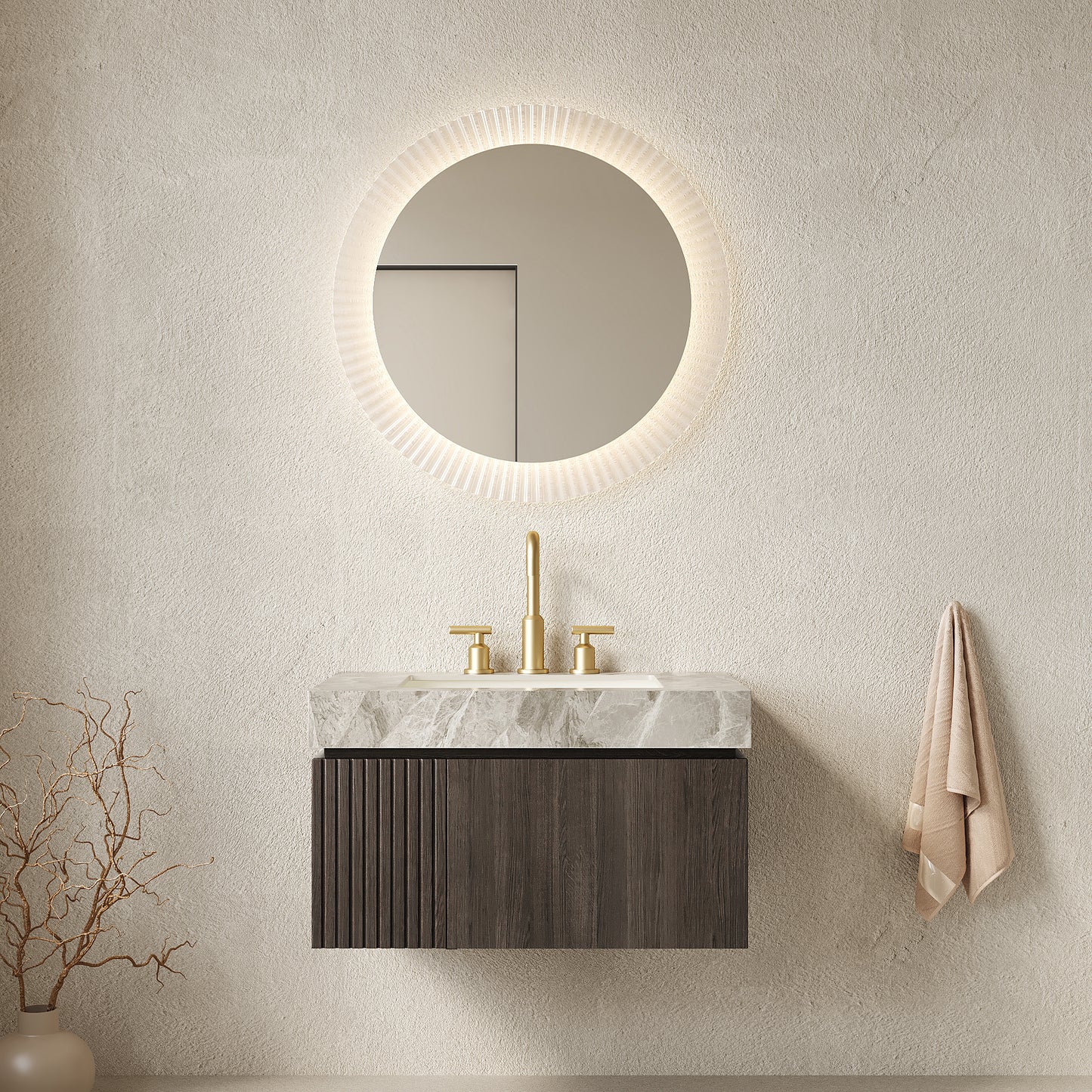 MURI 30' Bathroom Vanity&Sink, Floating Plywood Storage Cabinet with Drawer&Door, Light Gray Sintered Stone Top&Ceramic Basin with 3 Pre-drilled Faucet Holes, Pre-assembled, Espresso Woodgrain Color