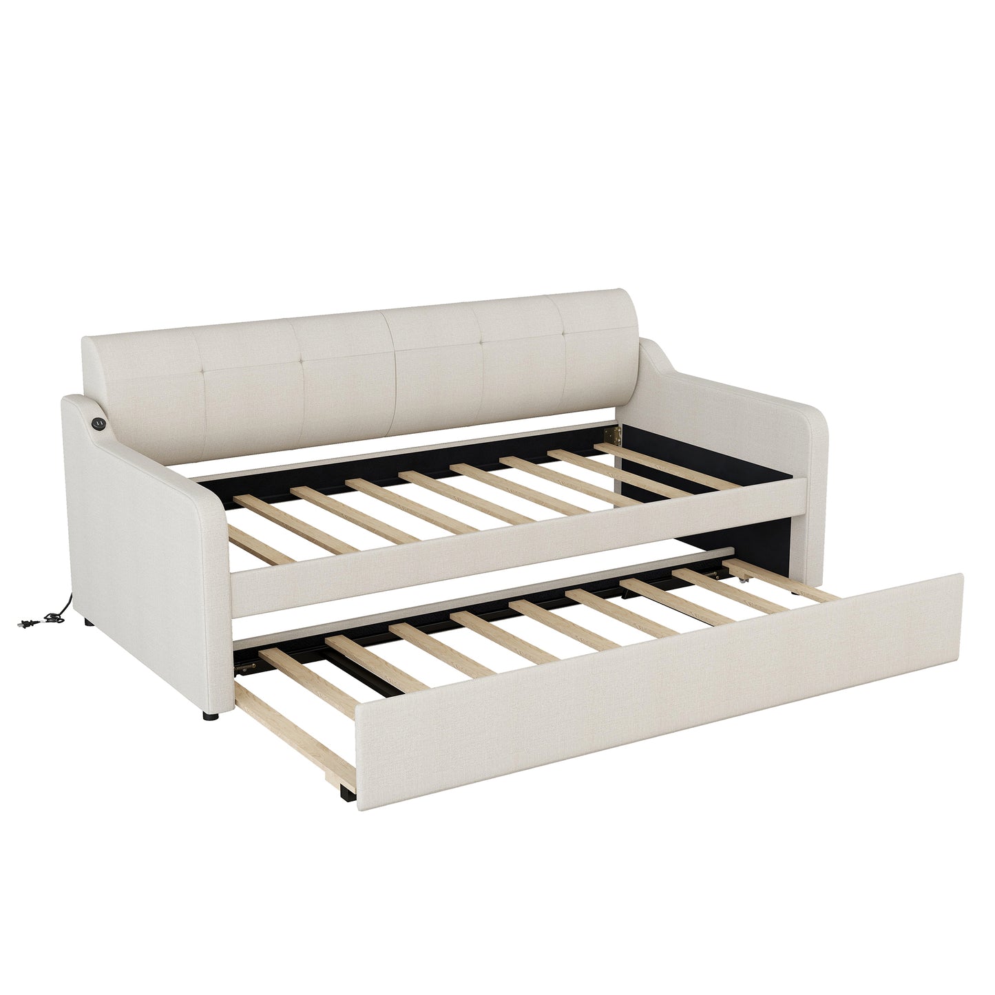 Beige Upholstered Twin Size Daybed with Trundle and USB Charging, Pine Wood Frame, MDF, Woven Fabric, 80.7''L x 78.7''W x 34''H
