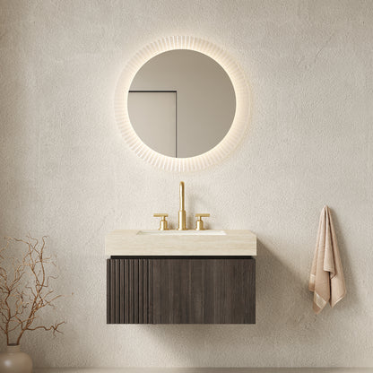 MURI 30' Bathroom Vanity&Sink, Floating Plywood Storage Cabinet with Drawer&Door, Roma Travertine Sintered Stone Top&Ceramic Basin with 3 Pre-drilled Faucet Holes, Pre-assembled, Espresso Woodgrain