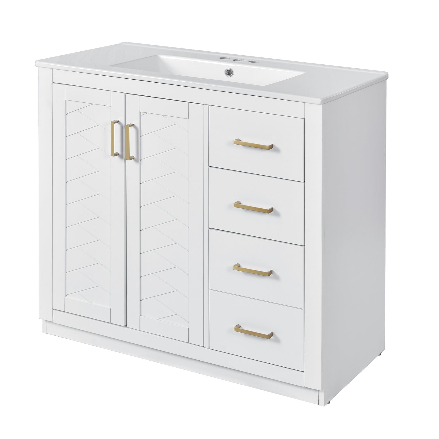 36'' White Bathroom Vanity with Ceramic Sink, Solid Wood Frame Storage Cabinet, Freestanding Set with 3 Drawers & Soft-Closing Doors