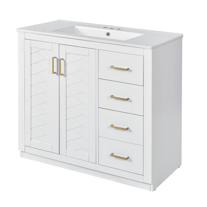 36'' White Bathroom Vanity with Ceramic Sink, Solid Wood Frame Storage Cabinet, Freestanding Set with 3 Drawers & Soft-Closing Doors