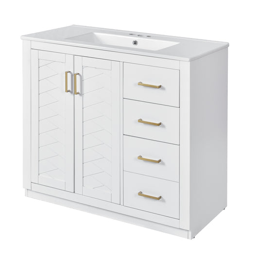 36'' White Bathroom Vanity with Ceramic Sink, Solid Wood Frame Storage Cabinet, Freestanding Set with 3 Drawers & Soft-Closing Doors