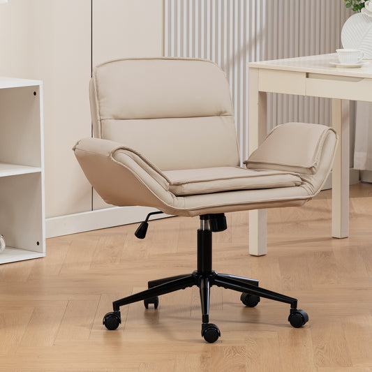 Criss Cross Chair with 5-Gear Adjustable Armrests & Wheels, Ergonomic Thickened Backrest Swivel Desk Chair for Home Office, Vanity, Bedroom and Living Room, Beige Pu