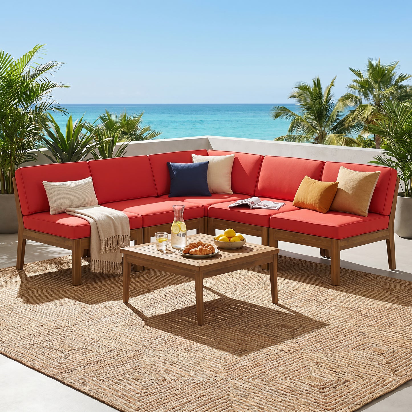 GRENADA 5 SEATER ACACIA WOOD SECTIONAL ARMLESS SOFA SET, TEAK+RED
