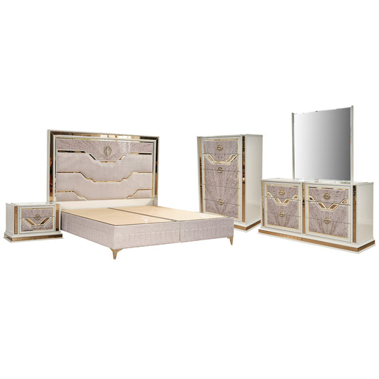 Omari Modern Queen 5-Piece Upholstered Bedroom Set in Beige with Gold Accents, Hydraulic Storage Bed, Dresser, Mirror, Nightstand and Chest