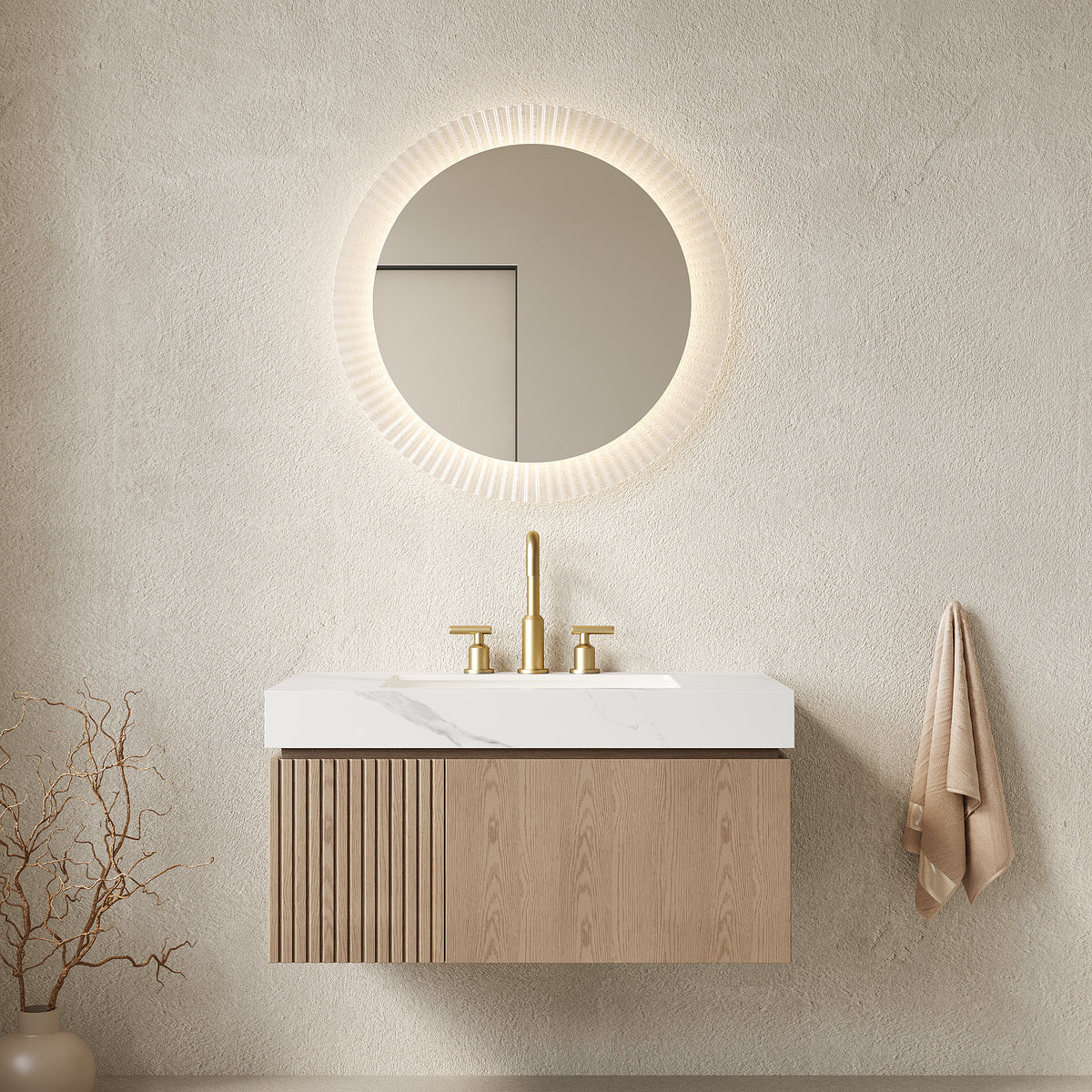 MURI 36' Bathroom Vanity&Sink, Floating Plywood Storage Cabinet with Drawer&Door, Carrara White Sintered Stone Top&Ceramic Basin with 3 Pre-drilled Faucet Holes, Pre-assembled, Heidelberg Woodgrain