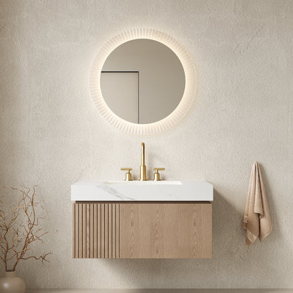 MURI 36' Bathroom Vanity&Sink, Floating Plywood Storage Cabinet with Drawer&Door, Carrara White Sintered Stone Top&Ceramic Basin with 3 Pre-drilled Faucet Holes, Pre-assembled, Heidelberg Woodgrain