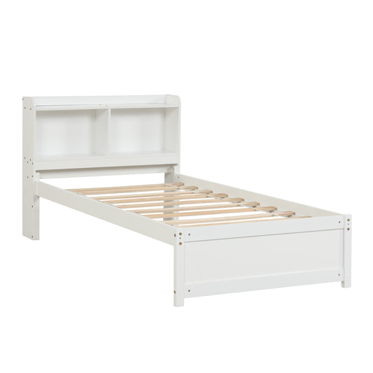 Contemporary Twin Bed with Trundle and Bookcase Headboard, White, Pine and Plywood