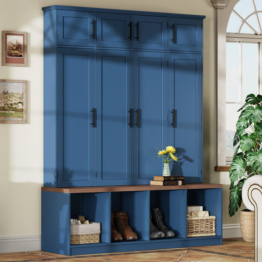 Farmhouse Hall Tree with 4 Hidden Hanging Hooks, Versatile Walnut Seating Bench with 8 Doors, Entryway Shoe Cabinet with Open Compartment for Living Room, Blue (OLD SKU:N721S000059C)