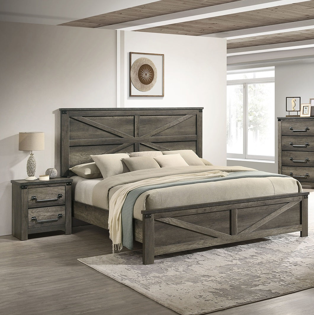 Rustic Gray 3pc Set Eastern King Size Bed 2x Nightstands Unique Design Headboard Bedroom Furniture, bedroom set