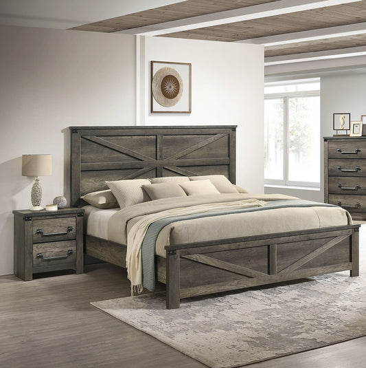 Rustic Gray 3pc Set Eastern King Size Bed 2x Nightstands Unique Design Headboard Bedroom Furniture, bedroom set