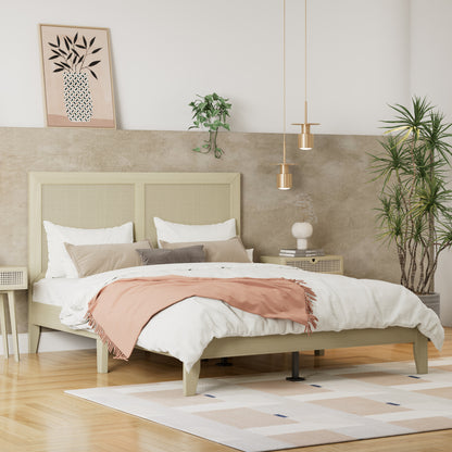 Solid Wood Platform Queen Bed With Rattan