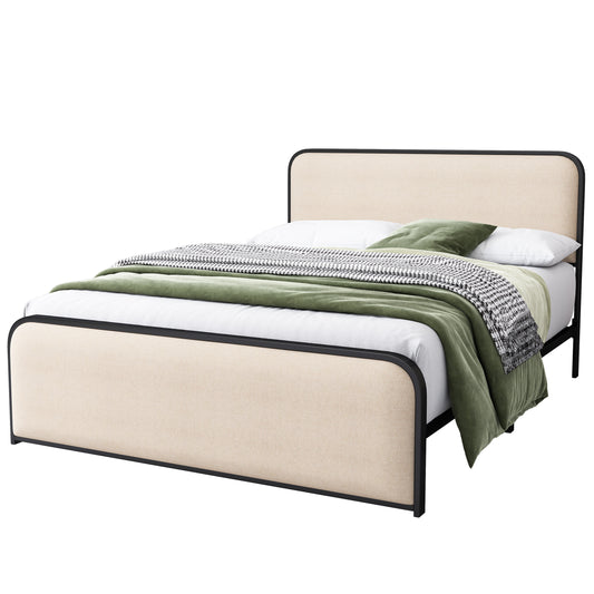 Modern Metal Bed Frame with Curved Upholstered Headboard and Footboard, Under Bed Storage, Heavy Duty Metal Slats, King Size, Beige