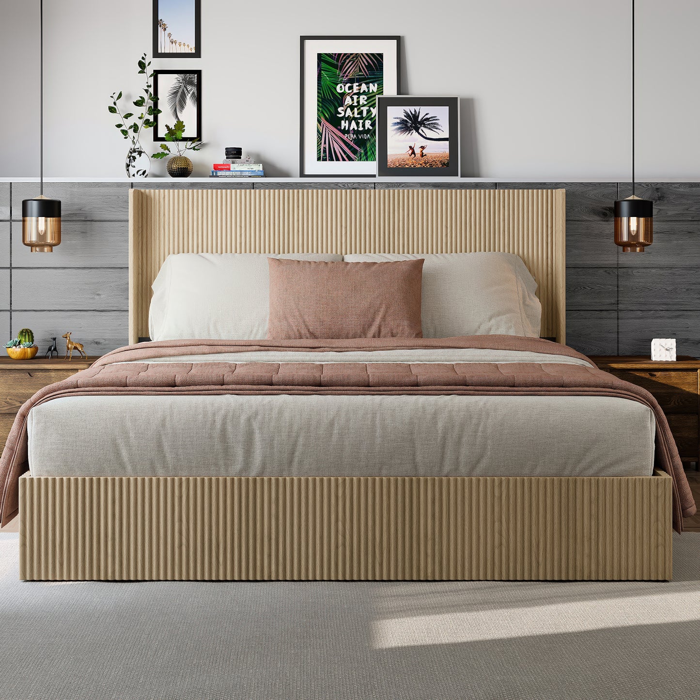 A large, concave-structured, undulating storage bed frame with lifting function. The wooden platform bed frame has a storage function and no need for a spring box / no noise. Oak color (
King)