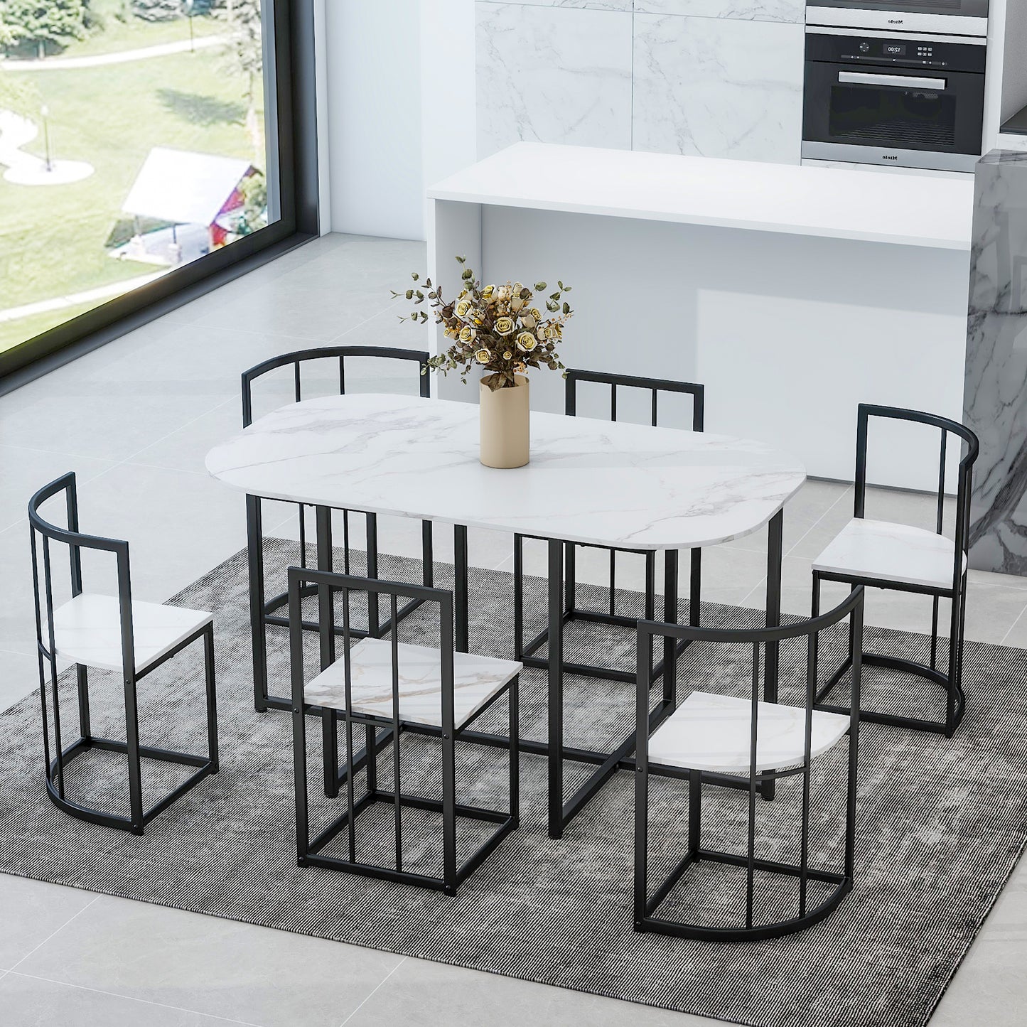 TOPMAX Modern 7-Piece Dining Table Set with Faux Marble Compact 55Inch Kitchen Table Set for 6, Black+White(OLD SKU:SP000017)