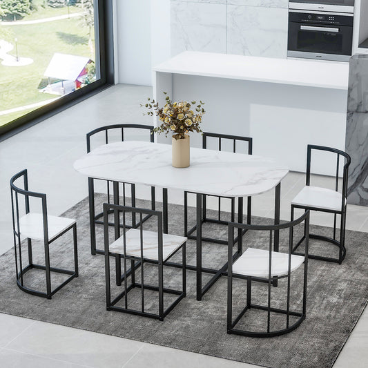 TOPMAX Modern 7-Piece Dining Table Set with Faux Marble Compact 55Inch Kitchen Table Set for 6, Black+White(OLD SKU:SP000017)
