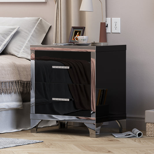 High Gloss Mirrored Nightstand with 2 Drawers,Modern End Table with Drawers,Mirrored High Gloss Wood Nightstand Metal Handle Bedside End Table for Bedroom, Dorm,Living Room,Black