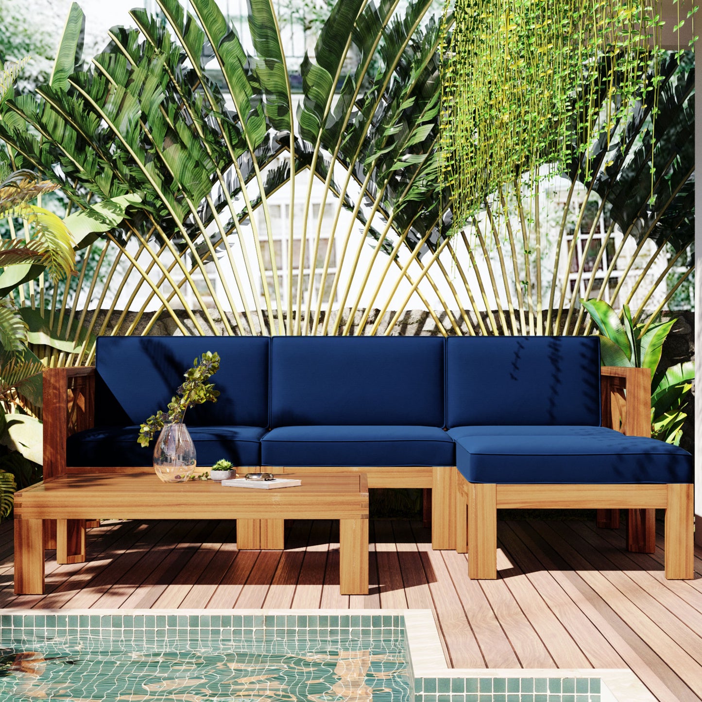 TOPMAX Outdoor Backyard Patio Wood 5-Piece Sectional Sofa Seating Group Set with Cushions, Natural Finish+ Blue Cushions