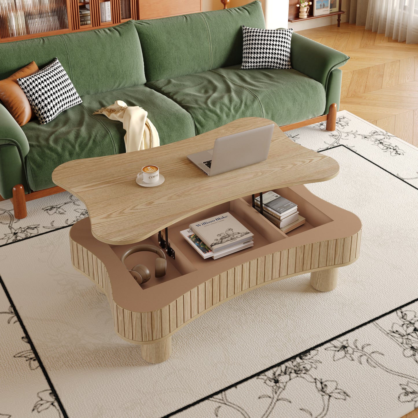 Lift Top Coffee Table for Living Room 42' - Fluted Panel Hidden Storage, Silent Hydraulic Lift, Curved Safety Corners, 5 Min Assembly (27'W x 13-18.9'H,Natural Wood)