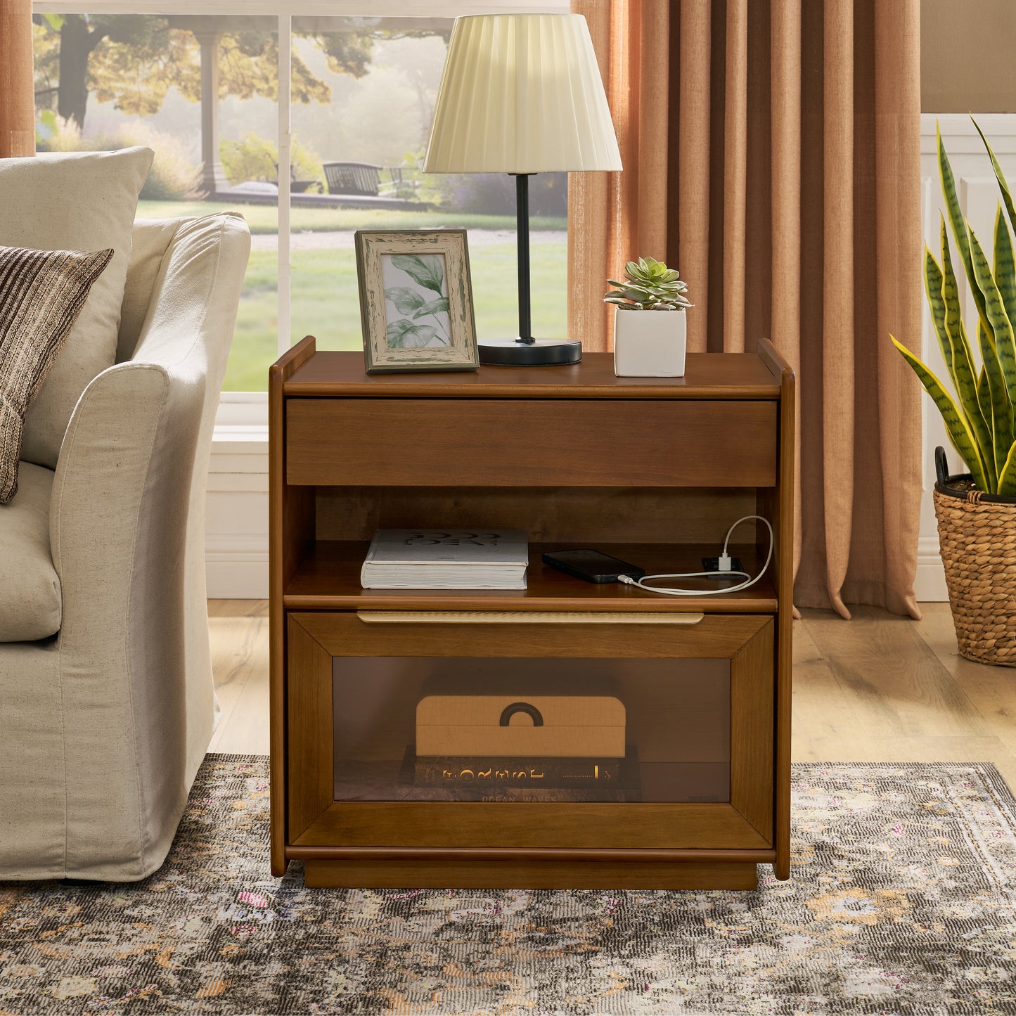 Mid Century Modern Nightstand with Charging Station & Outlet Hole & 2 Drawers, Farmhouse End Table with Open Shelf & Glass Drawer Dresser, Side Cabinet for Living Room Reception Room Dorm, Dark Walnut