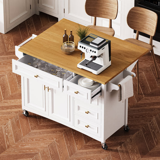 K&K 52'' Kitchen Island with Drop Leaf, Embossed Texture Kitchen Island on Wheels with Spice Rack, Towel Rack, 2 Doors and 5 Drawers, Kitchen Storage Cart with Adjustable Shelf for Kitchen, White