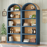ON-TREND Freestanding Tall Bookshelves Set of 2, Farmhouse Two-Tone Open Storage Cabinet with Fabric Arched Top, 5-Tier Display Bookcase for Living Room, Bedroom, Home Office, Blue+Natural