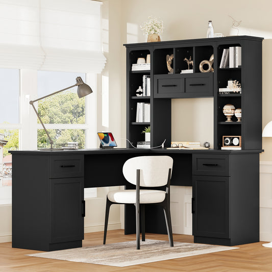 L-shaped computer desk with 2 cabinets and 2 drawers underneath the table, 11 open shelves and a flip-up shelf with storage on the right side, suitable for study, living room and office, Black