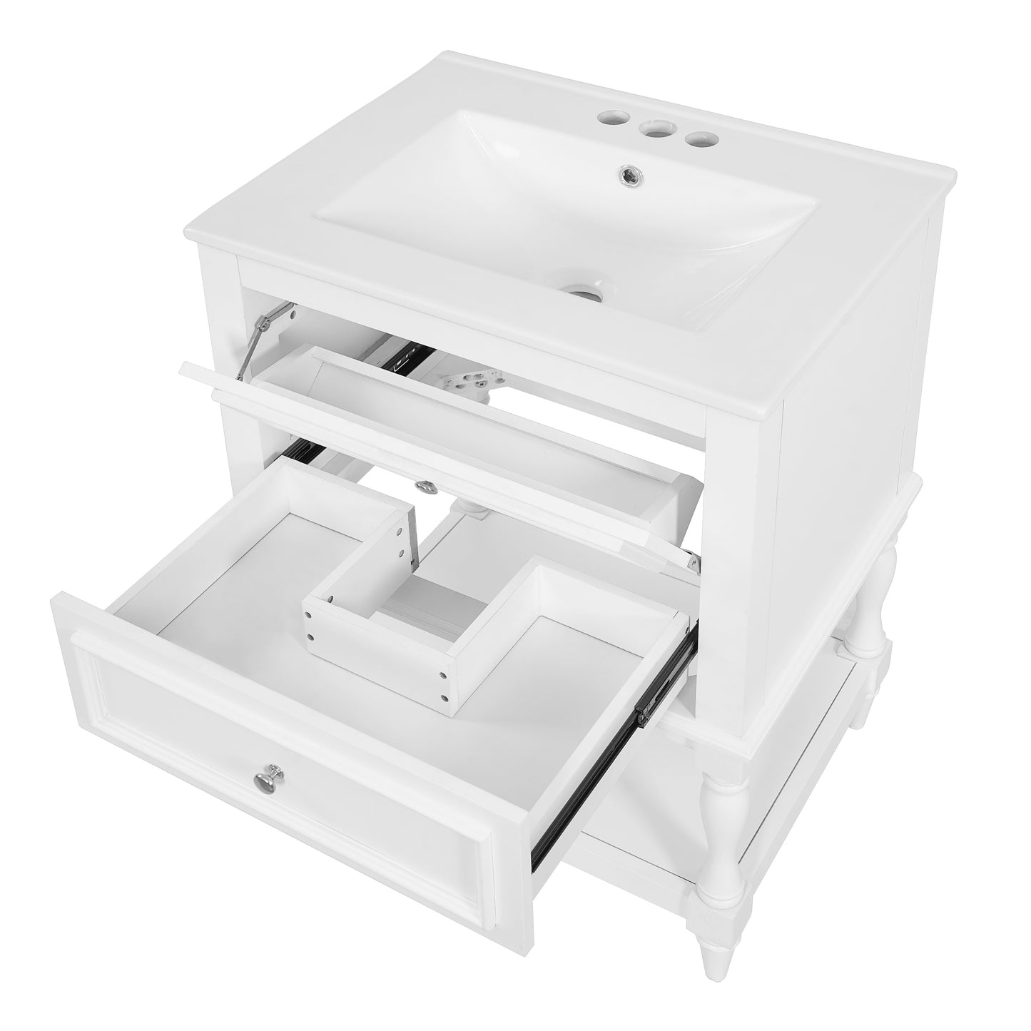 Retro Style 24'' Bathroom Vanity with Ceramic Sink, White Storage Cabinet with 2 Drawers and Open Shelf, MDF+Solid Wood Construction