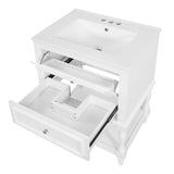 Retro Style 24'' Bathroom Vanity with Ceramic Sink, White Storage Cabinet with 2 Drawers and Open Shelf, MDF+Solid Wood Construction