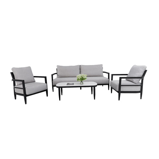 4PC Outdoor Conversation Set with Modern Club Chairs, Luxurious Bench Seat Sofa, Marble-Inspired Sintered Stone Coffee Table, Ember Black Rust-Free Aluminum Frame & Sunbrella Cast Silver Cushions