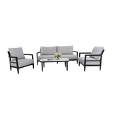4PC Outdoor Conversation Set with Modern Club Chairs, Luxurious Bench Seat Sofa, Marble-Inspired Sintered Stone Coffee Table, Ember Black Rust-Free Aluminum Frame & Sunbrella Cast Silver Cushions