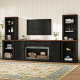 3-Piece TV Stand Set with Curved Side Cabinets for TVs Up to 70', Farmhouse Entertainment Center with Bookshelves, Stylish Walnut Sideboard with Drawer, Adjustable Shelves, for Living Room, Black