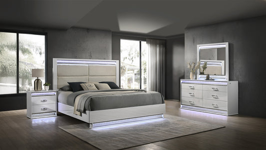 Glam Modern Style 4 Pc Queen Bedroom Set with LED Headboard Made with Wood in White(NJ INVENTORY)