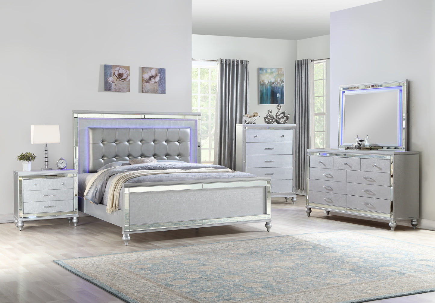 STERLING King 5 PC LED Bedroom set made with wood in Silver Color (NJ INVENTORY)