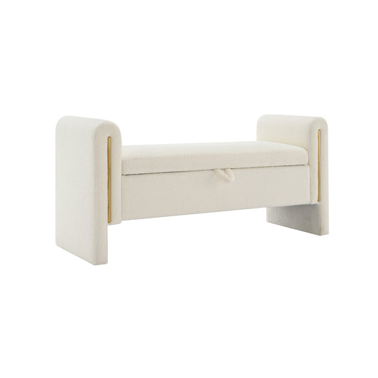 Modern Teddy Bed End Bench with Arms and Storage, Upholstered Large Foot Rest Stool, Cream Plywood, 52.3 x 18.5 x 24.4 inches
