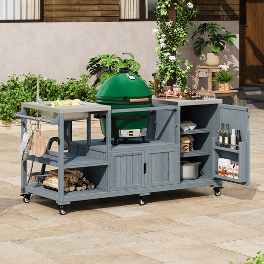 K&K 75.4' Outdoor Kitchen Island with Sink, Solid Wood Outdoor Grill Cart for XL Green Egg Grills, Rolling Outdoor Bar Cart with Stainless Steel Top, for Pizza Prep & BBQ, Grey Blue