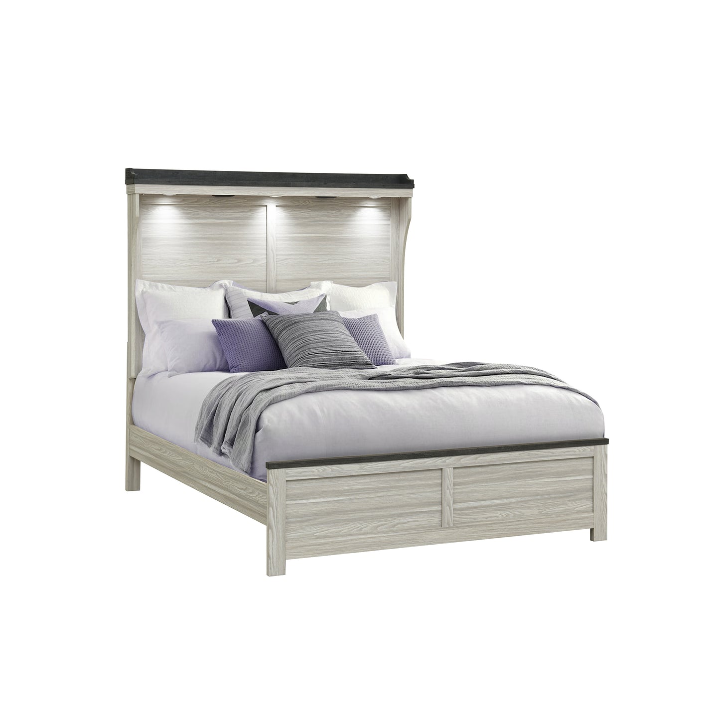 Augusta Brown Queen Bed with Panel Headboard and Storage: Beige+Brown Wood Design, Low Profile Frame