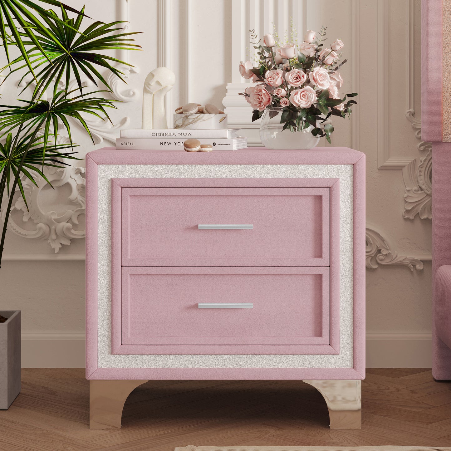 Mid Century Vintage Nightstand with Silver Glitter Strip Decor and Metal Legs, Velvet Bedside Table with 2 Drawers, Fully Assembled Except Legs and Handles, Pink