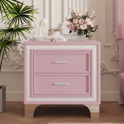 Mid Century Vintage Nightstand with Silver Glitter Strip Decor and Metal Legs, Velvet Bedside Table with 2 Drawers, Fully Assembled Except Legs and Handles, Pink