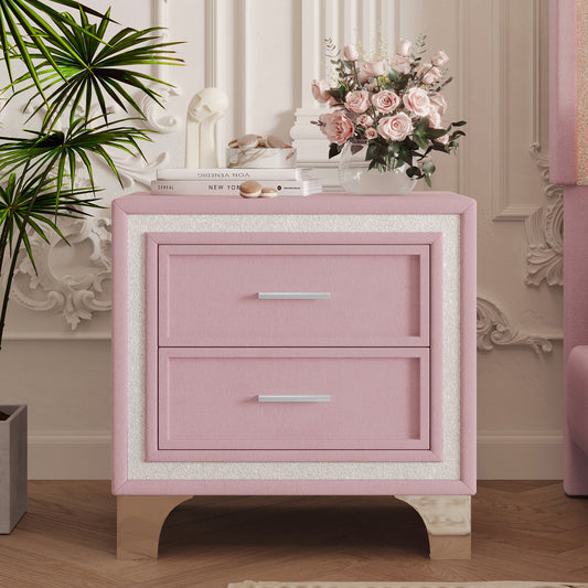 Mid Century Vintage Nightstand with Silver Glitter Strip Decor and Metal Legs, Velvet Bedside Table with 2 Drawers, Fully Assembled Except Legs and Handles, Pink
