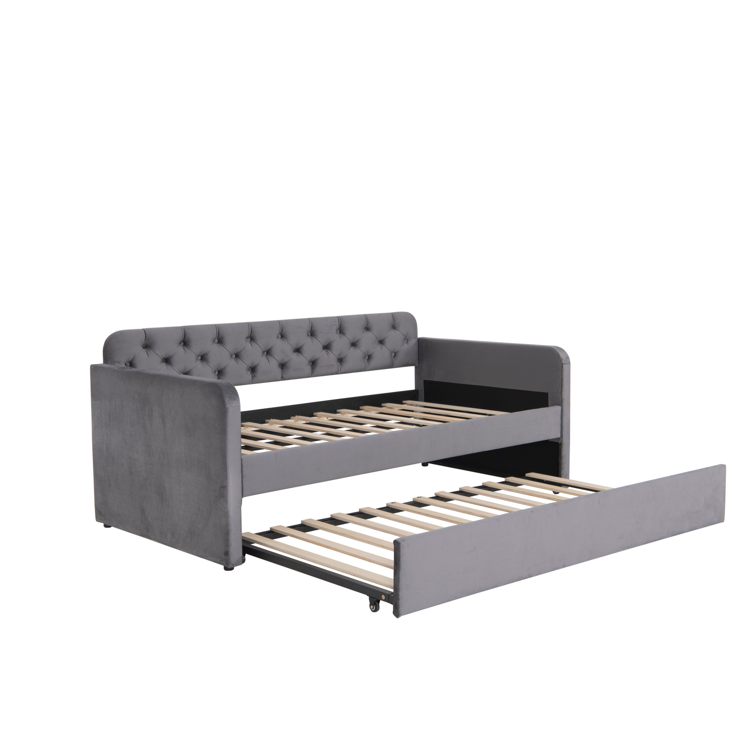 Twin Size Upholstered Daybed with Trundle and USB Charging Design, Velvet Upholstered Daybed Frame, Twin Sofa Bed for Living Room Bedroom, No Box Spring Needed,Plush velvet fabric dark grey