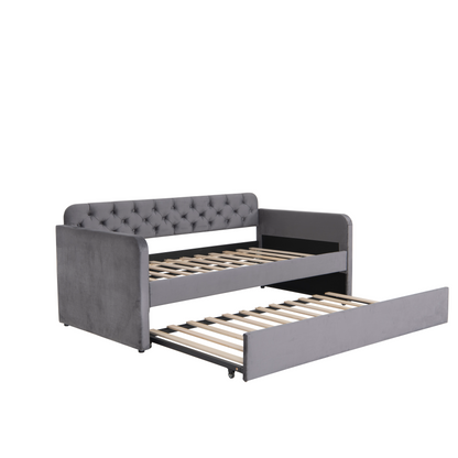 Twin Size Upholstered Daybed with Trundle and USB Charging Design, Velvet Upholstered Daybed Frame, Twin Sofa Bed for Living Room Bedroom, No Box Spring Needed,Plush velvet fabric dark grey