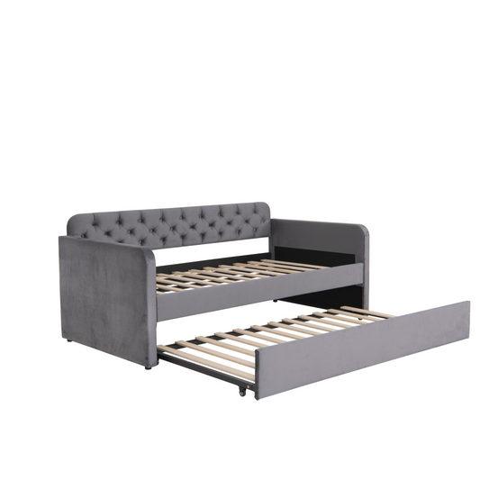 Twin Size Upholstered Daybed with Trundle and USB Charging Design, Velvet Upholstered Daybed Frame, Twin Sofa Bed for Living Room Bedroom, No Box Spring Needed,Plush velvet fabric dark grey