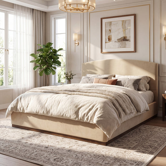 King Size Upholstered Bed Frame With Velvet Fabric Thick Headboard, Solid Wood Base, Camel
