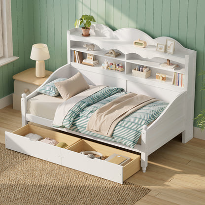 Twin Daybed With Storage Drawers, Wooden Twin Day Bed With Storage Headboard Shelving, Retro Style Daybed For Bedroom,Living Room,Guest Room,No Box Spring Needed, Easy Assembly, White