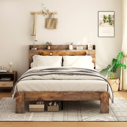 Bed Frame Queen Size, Wood Platform Bed Frame with Storage LED Light Headboard and 2 USB , Noise Free,No Box Spring Needed and Easy Assembly Tool,Large Under Bed Storage,Dark Brown